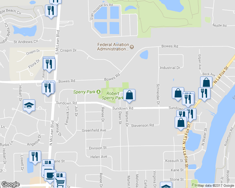 map of restaurants, bars, coffee shops, grocery stores, and more near 726 Dean Street in South Elgin