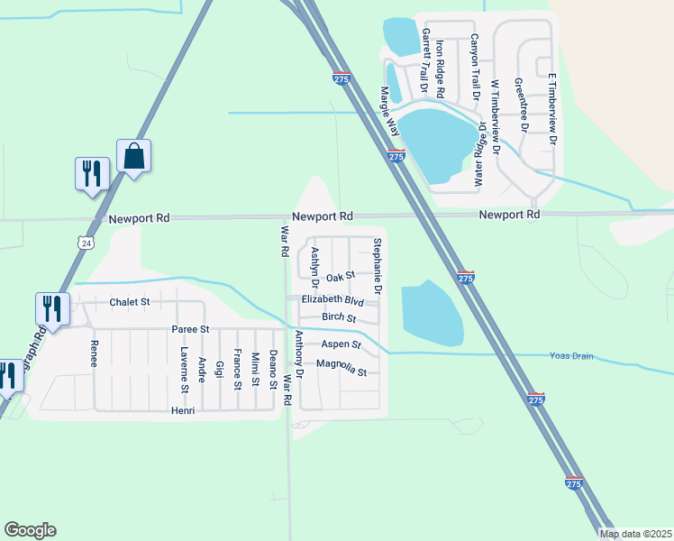 map of restaurants, bars, coffee shops, grocery stores, and more near 8815 Ashlyn Drive in Monroe County