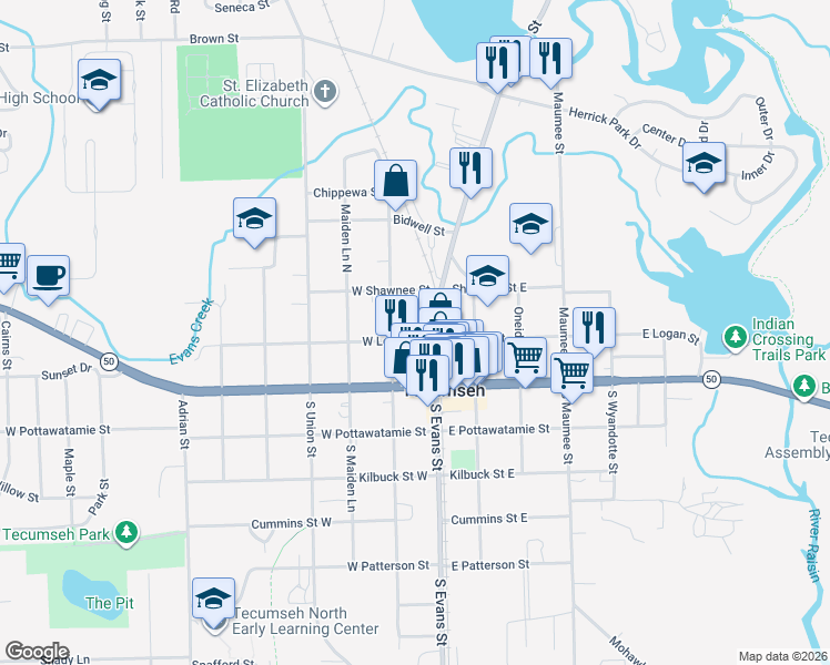 map of restaurants, bars, coffee shops, grocery stores, and more near 213 North Evans Street in Tecumseh