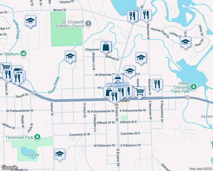 map of restaurants, bars, coffee shops, grocery stores, and more near 209 North Pearl Street in Tecumseh
