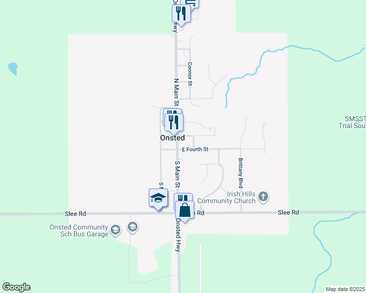 map of restaurants, bars, coffee shops, grocery stores, and more near 111 South Third Street in Onsted