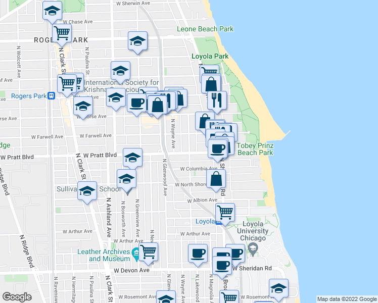 map of restaurants, bars, coffee shops, grocery stores, and more near 1246 West Pratt Boulevard in Chicago