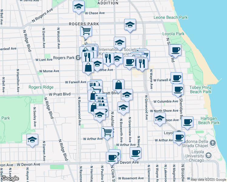 map of restaurants, bars, coffee shops, grocery stores, and more near 6818 North Ashland Avenue in Chicago