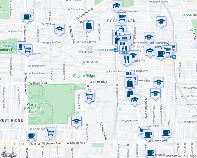 map of restaurants, bars, coffee shops, grocery stores, and more near 6816 North Wolcott Avenue in Chicago