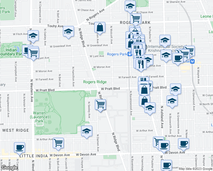 map of restaurants, bars, coffee shops, grocery stores, and more near 1937 West Farwell Avenue in Chicago