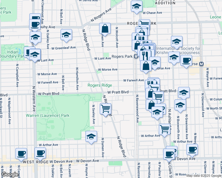 map of restaurants, bars, coffee shops, grocery stores, and more near 1937 West Farwell Avenue in Chicago