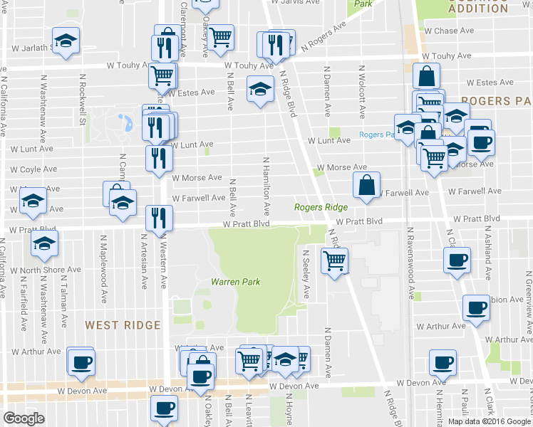 map of restaurants, bars, coffee shops, grocery stores, and more near 6826 North Hamilton Avenue in Chicago