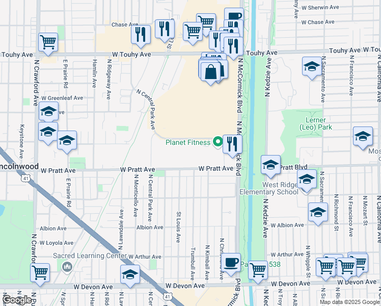 map of restaurants, bars, coffee shops, grocery stores, and more near 3400 West Pratt Avenue in Lincolnwood