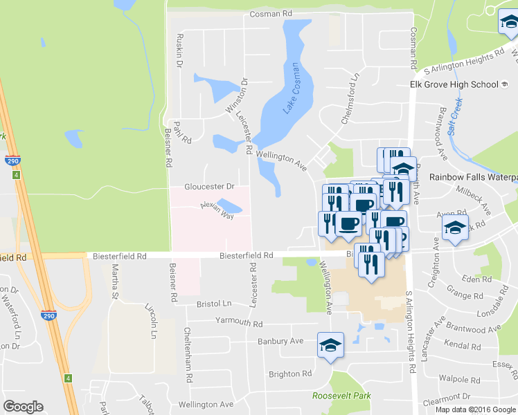 map of restaurants, bars, coffee shops, grocery stores, and more near 815 Leicester Road in Elk Grove Village