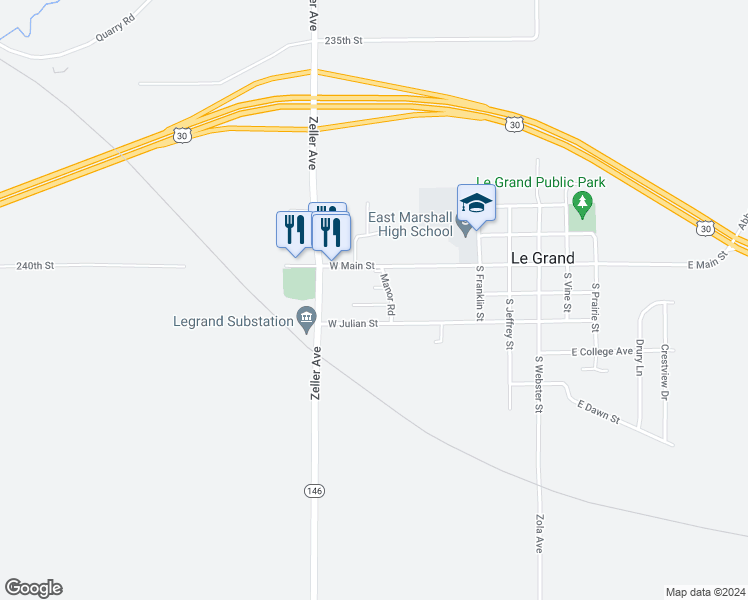 map of restaurants, bars, coffee shops, grocery stores, and more near Queens Ave in Le Grand