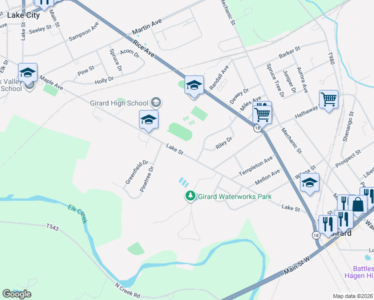 map of restaurants, bars, coffee shops, grocery stores, and more near 931 Lake St in Girard