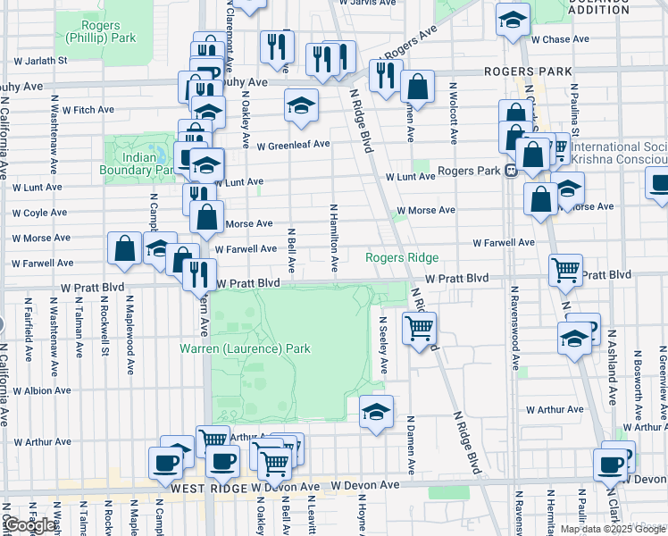 map of restaurants, bars, coffee shops, grocery stores, and more near 6826 North Hamilton Avenue in Chicago
