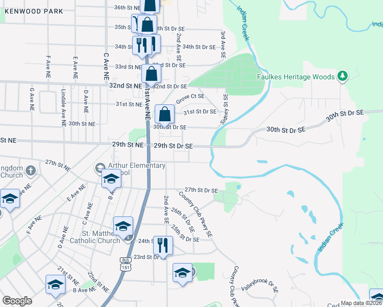 map of restaurants, bars, coffee shops, grocery stores, and more near 331 29th Street Drive Southeast in Cedar Rapids
