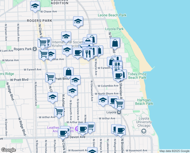 map of restaurants, bars, coffee shops, grocery stores, and more near 1340 West Pratt Boulevard in Chicago