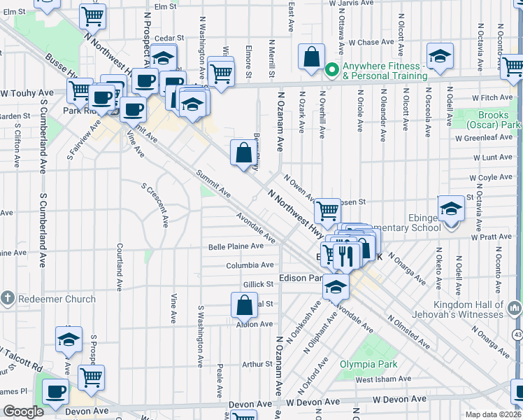 map of restaurants, bars, coffee shops, grocery stores, and more near 470 South Northwest Highway in Park Ridge