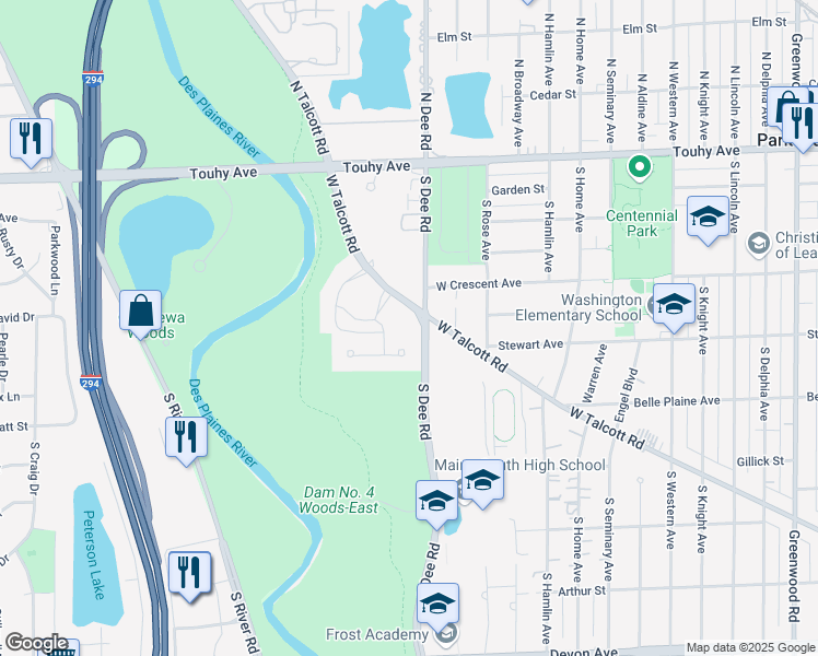 map of restaurants, bars, coffee shops, grocery stores, and more near 201 Ascot Drive in Park Ridge