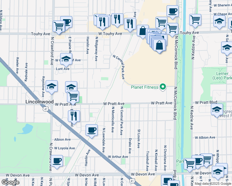 map of restaurants, bars, coffee shops, grocery stores, and more near 6850 North Central Park Avenue in Lincolnwood