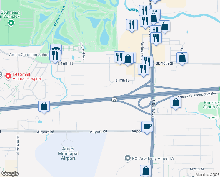 map of restaurants, bars, coffee shops, grocery stores, and more near 426 South 17th Street in Ames