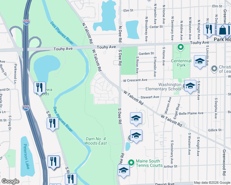 map of restaurants, bars, coffee shops, grocery stores, and more near 201 Ascot Drive in Park Ridge