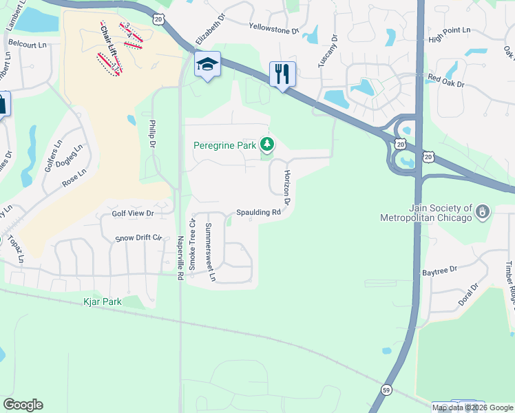 map of restaurants, bars, coffee shops, grocery stores, and more near 1260 Spaulding Road in Bartlett