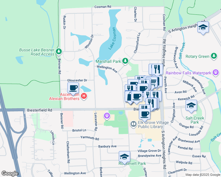 map of restaurants, bars, coffee shops, grocery stores, and more near 840 Wellington Avenue in Elk Grove Village