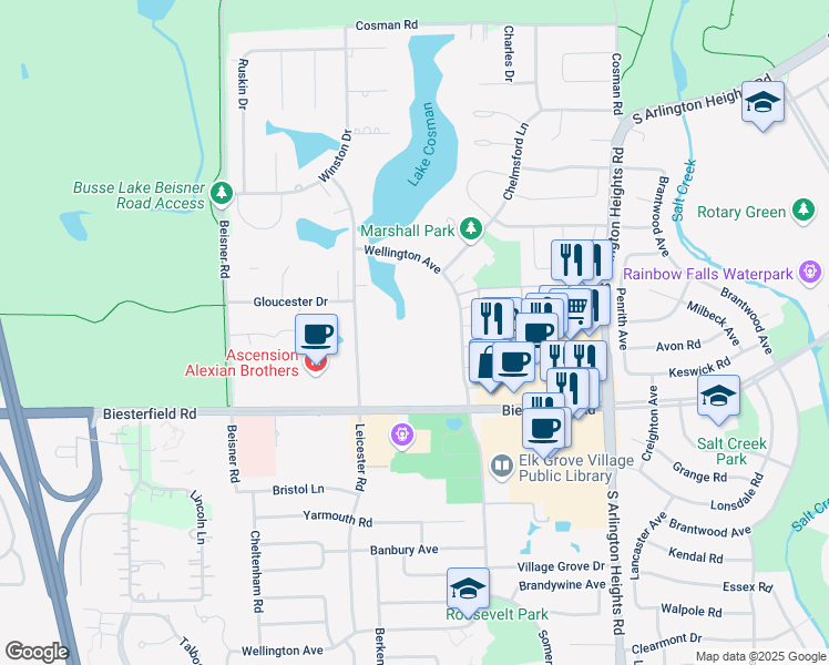 map of restaurants, bars, coffee shops, grocery stores, and more near 840 Wellington Avenue in Elk Grove Village