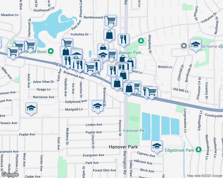 map of restaurants, bars, coffee shops, grocery stores, and more near 7341 Briarwood Street in Hanover Park