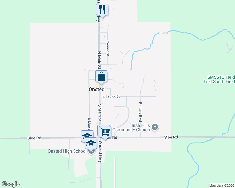 map of restaurants, bars, coffee shops, grocery stores, and more near 215 East Third Street in Onsted