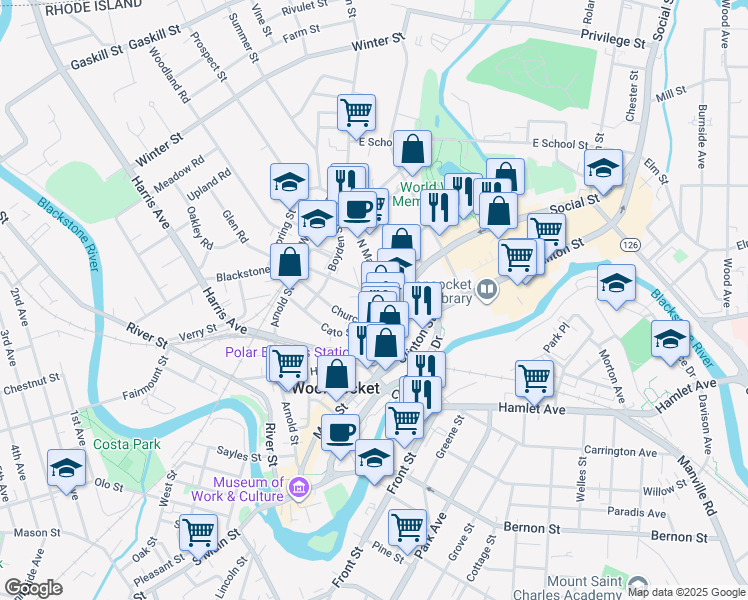map of restaurants, bars, coffee shops, grocery stores, and more near 17 North Main Street in Woonsocket
