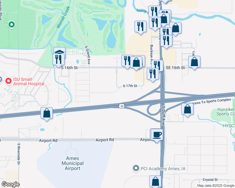 map of restaurants, bars, coffee shops, grocery stores, and more near 426 South 17th Street in Ames