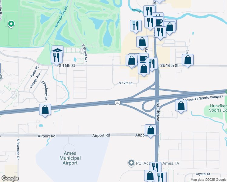 map of restaurants, bars, coffee shops, grocery stores, and more near 426 South 17th Street in Ames