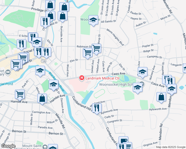 map of restaurants, bars, coffee shops, grocery stores, and more near 19 Hebert Avenue in Woonsocket