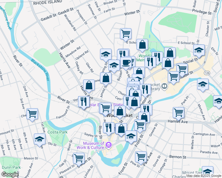 map of restaurants, bars, coffee shops, grocery stores, and more near 185 Church Street in Woonsocket