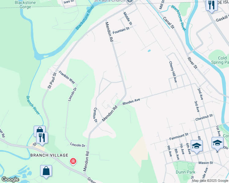 map of restaurants, bars, coffee shops, grocery stores, and more near 25 Cynthia Drive in North Smithfield