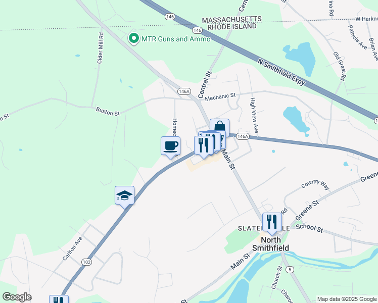 map of restaurants, bars, coffee shops, grocery stores, and more near 4 Pine Lane in North Smithfield