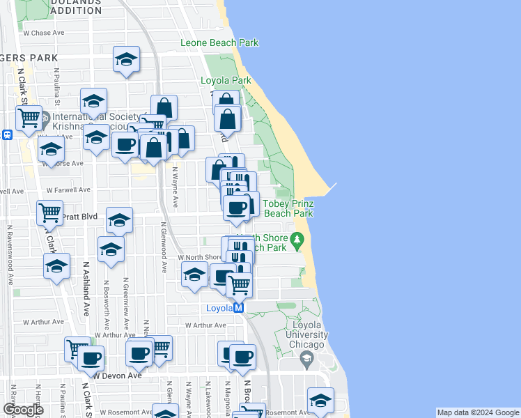 map of restaurants, bars, coffee shops, grocery stores, and more near 1134 West Pratt Boulevard in Chicago