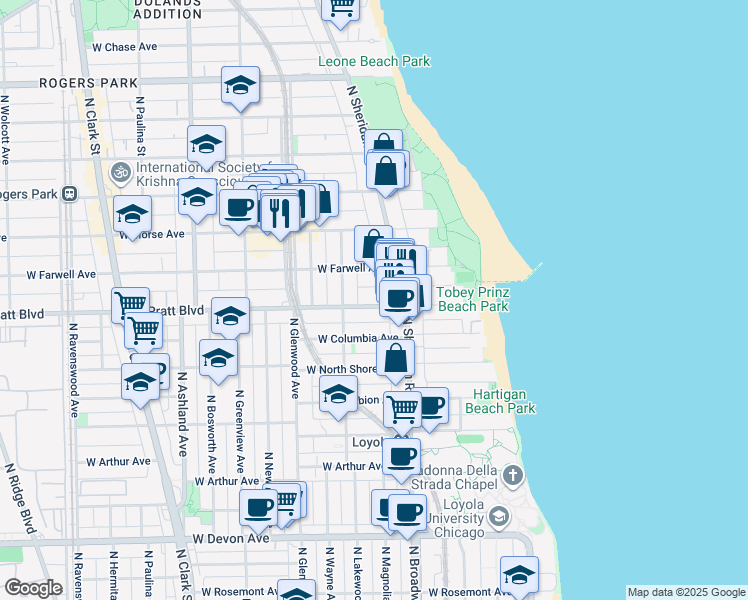 map of restaurants, bars, coffee shops, grocery stores, and more near 1246 West Pratt Boulevard in Chicago