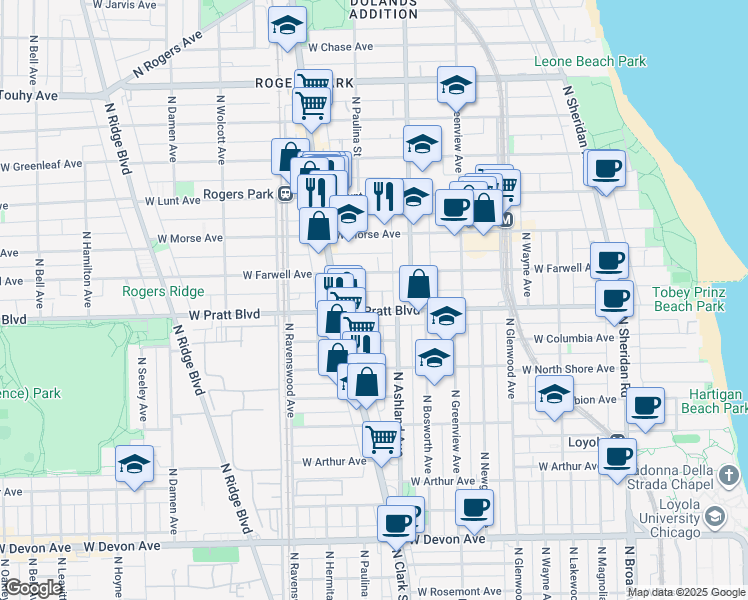 map of restaurants, bars, coffee shops, grocery stores, and more near 1648 West Pratt Boulevard in Chicago