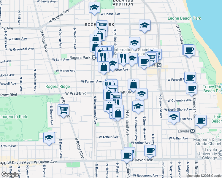 map of restaurants, bars, coffee shops, grocery stores, and more near 6816A North Clark Street in Chicago