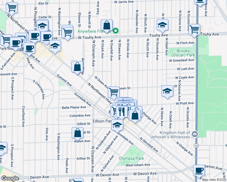 map of restaurants, bars, coffee shops, grocery stores, and more near 6907 North Owen Avenue in Chicago