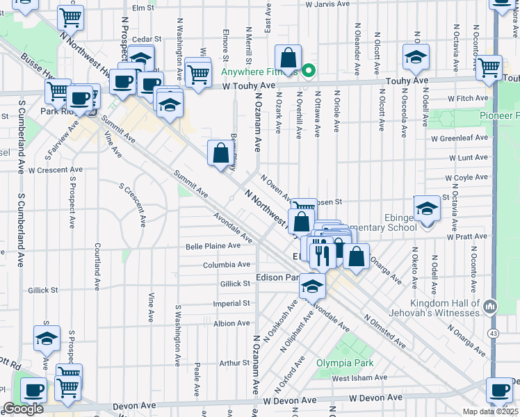 map of restaurants, bars, coffee shops, grocery stores, and more near 6863 North Northwest Highway in Chicago