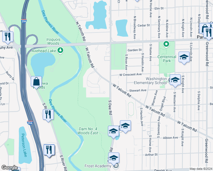 map of restaurants, bars, coffee shops, grocery stores, and more near 201 Ascot Drive in Park Ridge