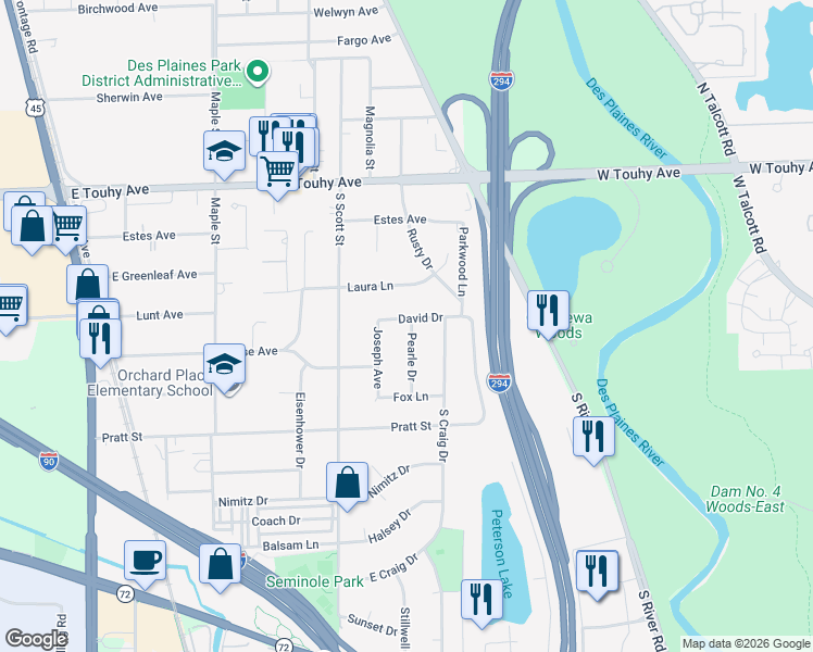 map of restaurants, bars, coffee shops, grocery stores, and more near 2116 David Drive in Des Plaines