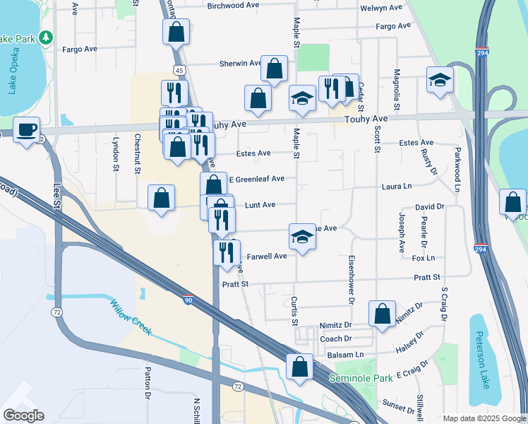 map of restaurants, bars, coffee shops, grocery stores, and more near 1709 Lunt Avenue in Des Plaines