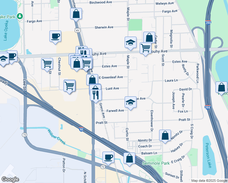 map of restaurants, bars, coffee shops, grocery stores, and more near 1709 Lunt Avenue in Des Plaines