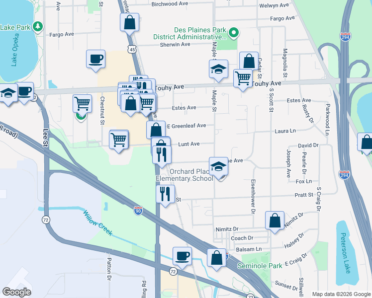map of restaurants, bars, coffee shops, grocery stores, and more near 1709 Lunt Avenue in Des Plaines