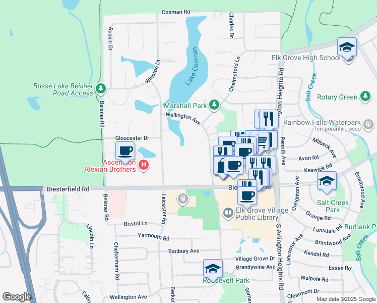 map of restaurants, bars, coffee shops, grocery stores, and more near 840 Wellington Avenue in Elk Grove Village