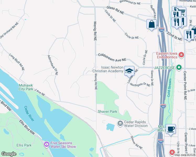 map of restaurants, bars, coffee shops, grocery stores, and more near 1624 Wenig Road Northeast in Cedar Rapids