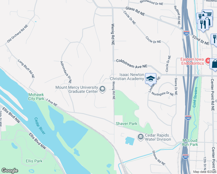 map of restaurants, bars, coffee shops, grocery stores, and more near 1705 Matterhorn Drive Northeast in Cedar Rapids