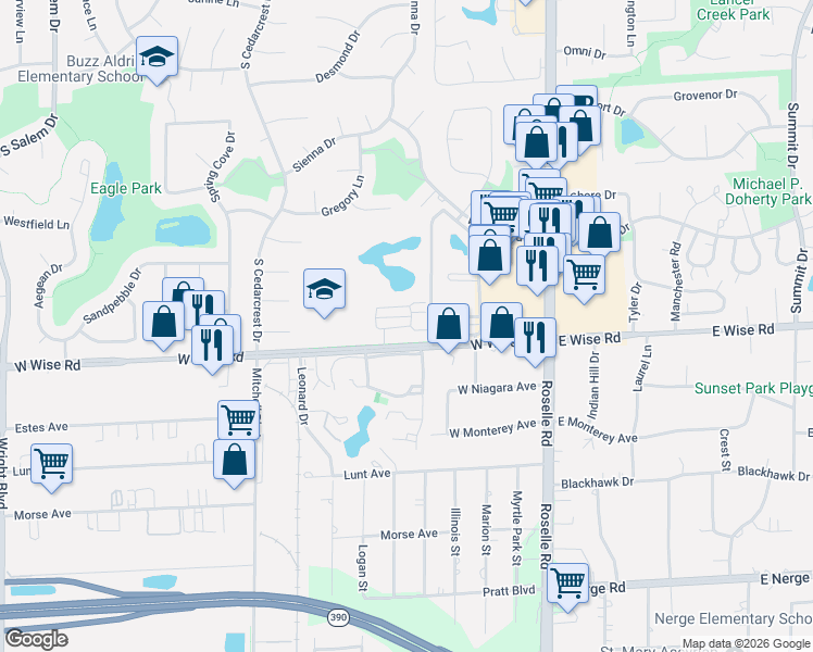 map of restaurants, bars, coffee shops, grocery stores, and more near 300 W Wise Rd in Schaumburg